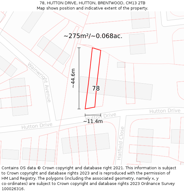 78, HUTTON DRIVE, HUTTON, BRENTWOOD, CM13 2TB: Plot and title map