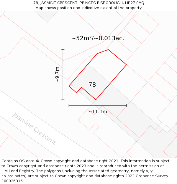 78, JASMINE CRESCENT, PRINCES RISBOROUGH, HP27 0AQ: Plot and title map