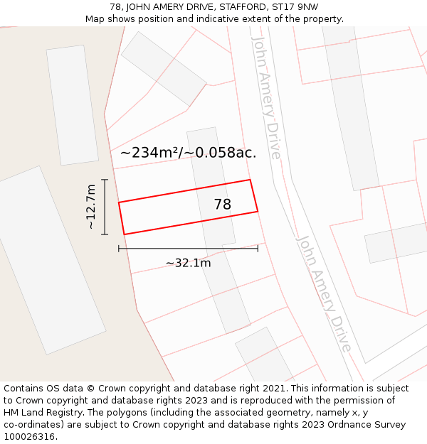 78, JOHN AMERY DRIVE, STAFFORD, ST17 9NW: Plot and title map