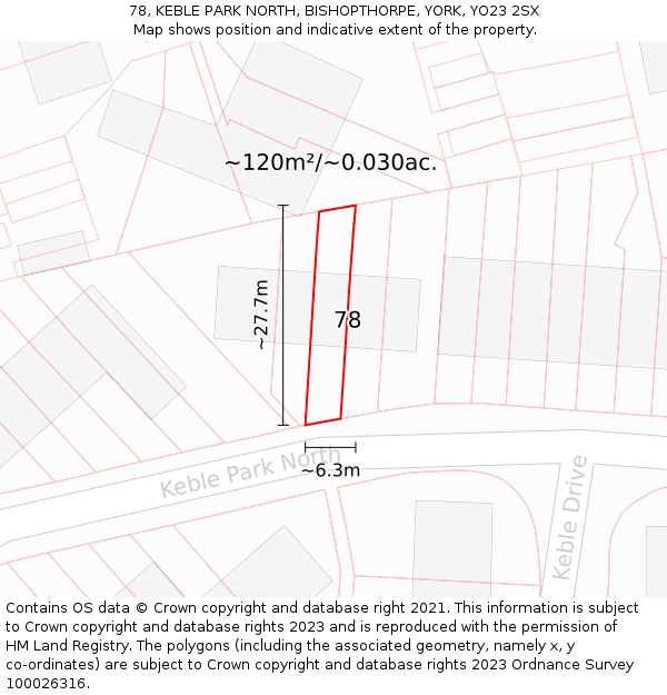 78, KEBLE PARK NORTH, BISHOPTHORPE, YORK, YO23 2SX: Plot and title map