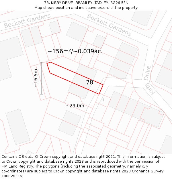 78, KIRBY DRIVE, BRAMLEY, TADLEY, RG26 5FN: Plot and title map