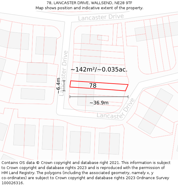 78, LANCASTER DRIVE, WALLSEND, NE28 9TF: Plot and title map