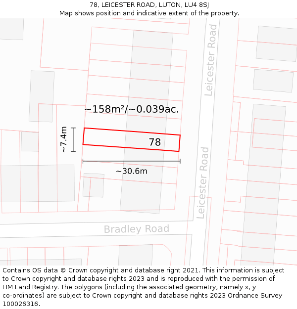 78, LEICESTER ROAD, LUTON, LU4 8SJ: Plot and title map