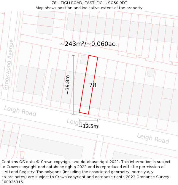 78, LEIGH ROAD, EASTLEIGH, SO50 9DT: Plot and title map