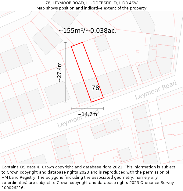 78, LEYMOOR ROAD, HUDDERSFIELD, HD3 4SW: Plot and title map