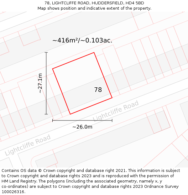 78, LIGHTCLIFFE ROAD, HUDDERSFIELD, HD4 5BD: Plot and title map