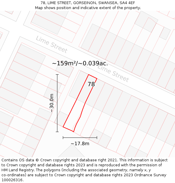 78, LIME STREET, GORSEINON, SWANSEA, SA4 4EF: Plot and title map