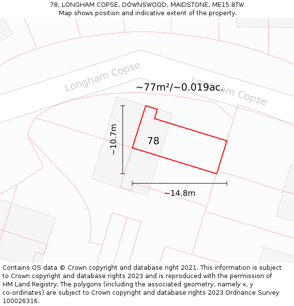 78, LONGHAM COPSE, DOWNSWOOD, MAIDSTONE, ME15 8TW: Plot and title map