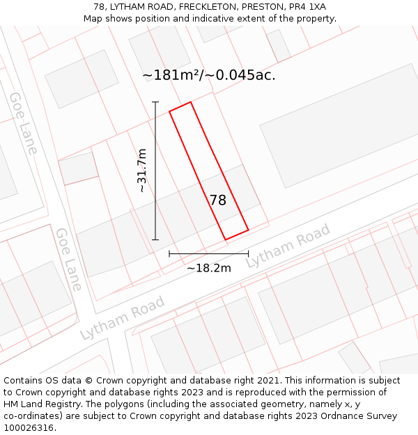 78, LYTHAM ROAD, FRECKLETON, PRESTON, PR4 1XA: Plot and title map