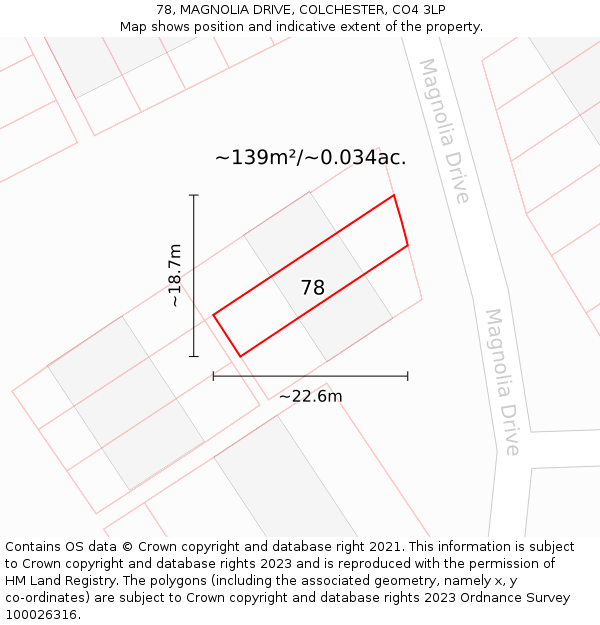 78, MAGNOLIA DRIVE, COLCHESTER, CO4 3LP: Plot and title map