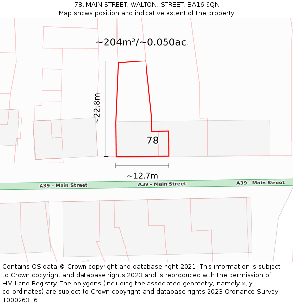 78, MAIN STREET, WALTON, STREET, BA16 9QN: Plot and title map