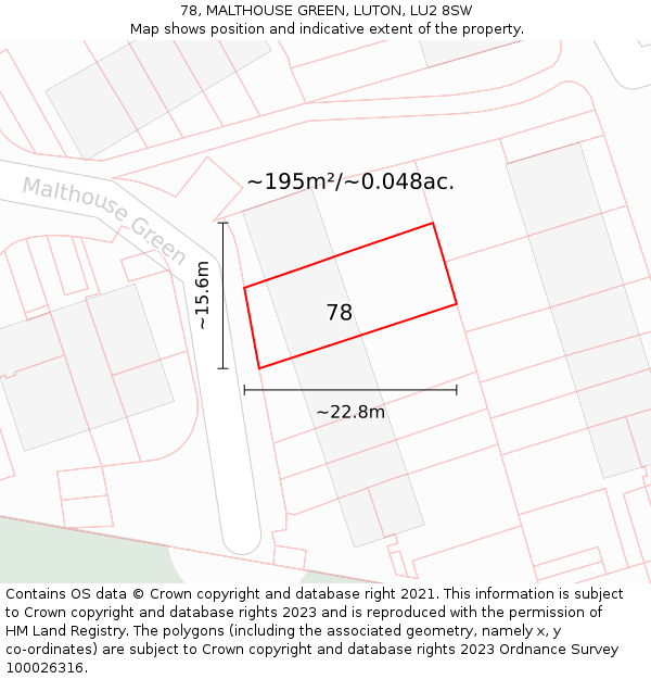 78, MALTHOUSE GREEN, LUTON, LU2 8SW: Plot and title map