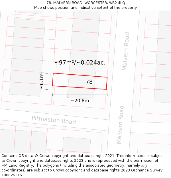78, MALVERN ROAD, WORCESTER, WR2 4LQ: Plot and title map