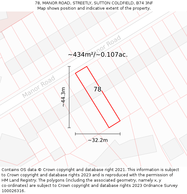 78, MANOR ROAD, STREETLY, SUTTON COLDFIELD, B74 3NF: Plot and title map