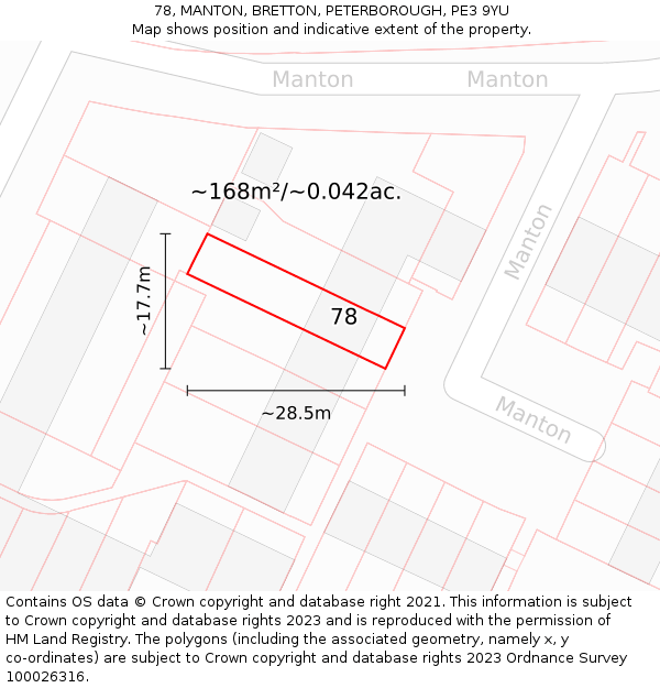 78, MANTON, BRETTON, PETERBOROUGH, PE3 9YU: Plot and title map