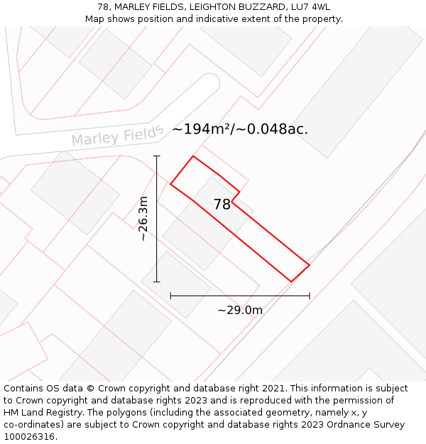 78, MARLEY FIELDS, LEIGHTON BUZZARD, LU7 4WL: Plot and title map