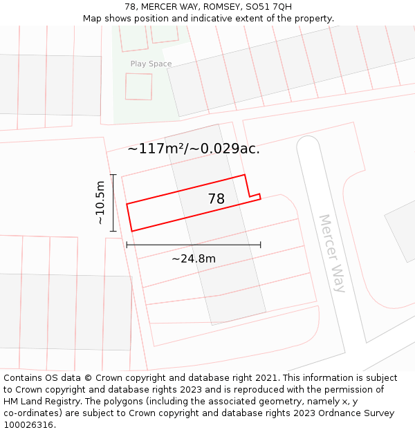 78, MERCER WAY, ROMSEY, SO51 7QH: Plot and title map