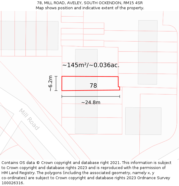 78, MILL ROAD, AVELEY, SOUTH OCKENDON, RM15 4SR: Plot and title map