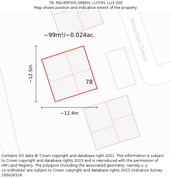 78, MILVERTON GREEN, LUTON, LU3 3XS: Plot and title map