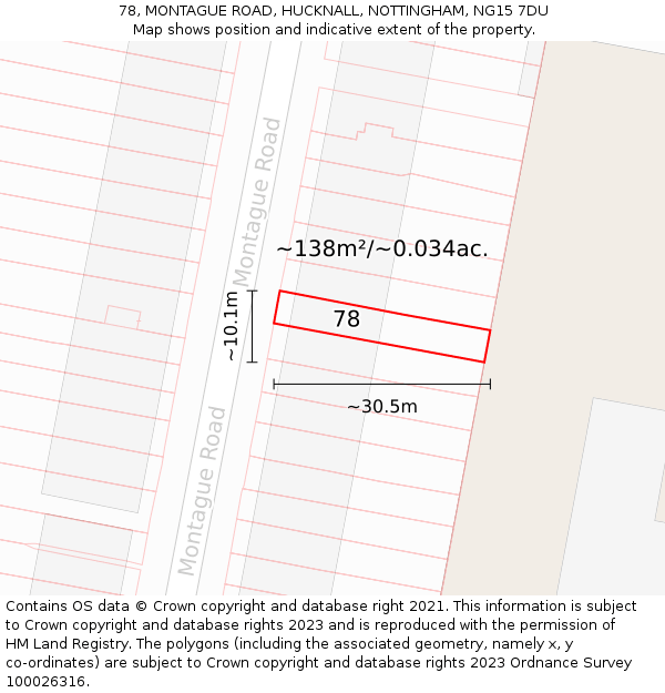 78, MONTAGUE ROAD, HUCKNALL, NOTTINGHAM, NG15 7DU: Plot and title map