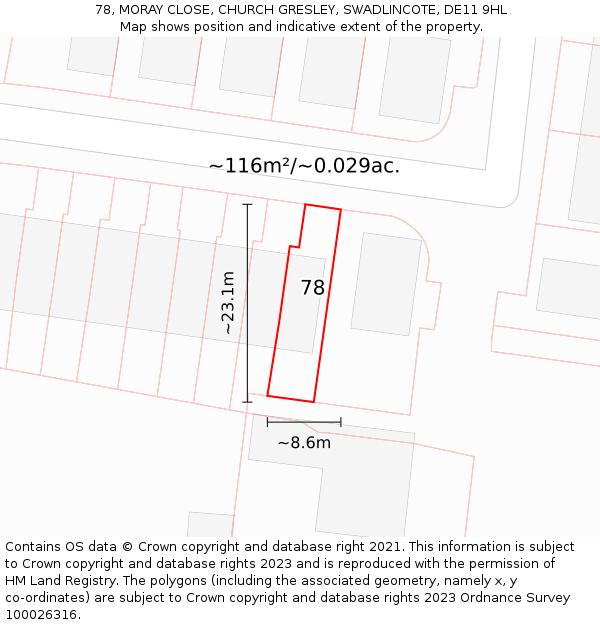 78, MORAY CLOSE, CHURCH GRESLEY, SWADLINCOTE, DE11 9HL: Plot and title map