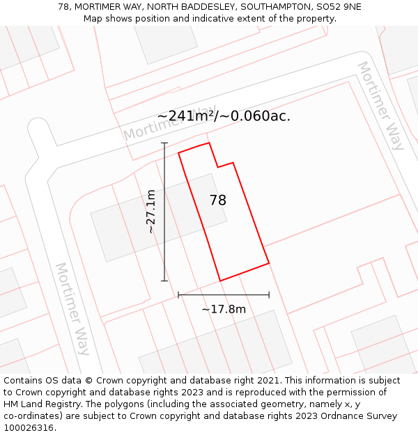 78, MORTIMER WAY, NORTH BADDESLEY, SOUTHAMPTON, SO52 9NE: Plot and title map