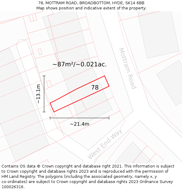 78, MOTTRAM ROAD, BROADBOTTOM, HYDE, SK14 6BB: Plot and title map