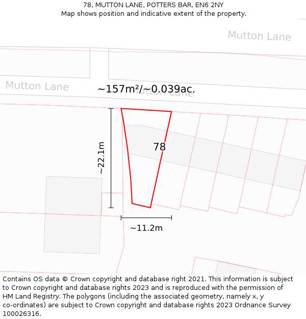78, MUTTON LANE, POTTERS BAR, EN6 2NY: Plot and title map
