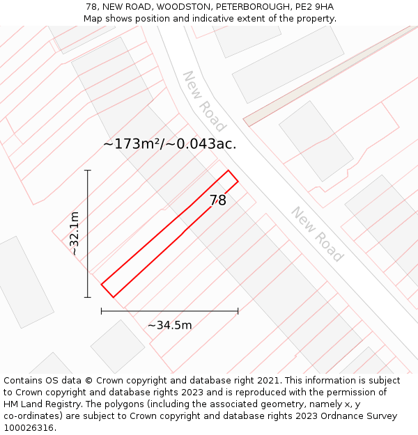 78, NEW ROAD, WOODSTON, PETERBOROUGH, PE2 9HA: Plot and title map