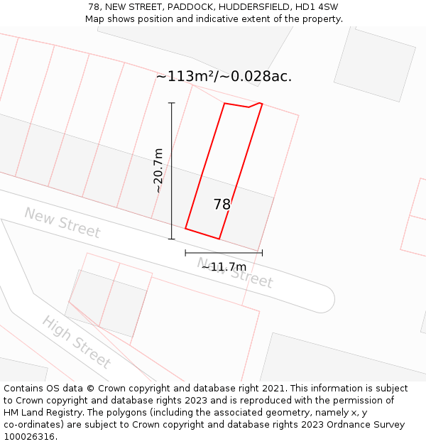 78, NEW STREET, PADDOCK, HUDDERSFIELD, HD1 4SW: Plot and title map