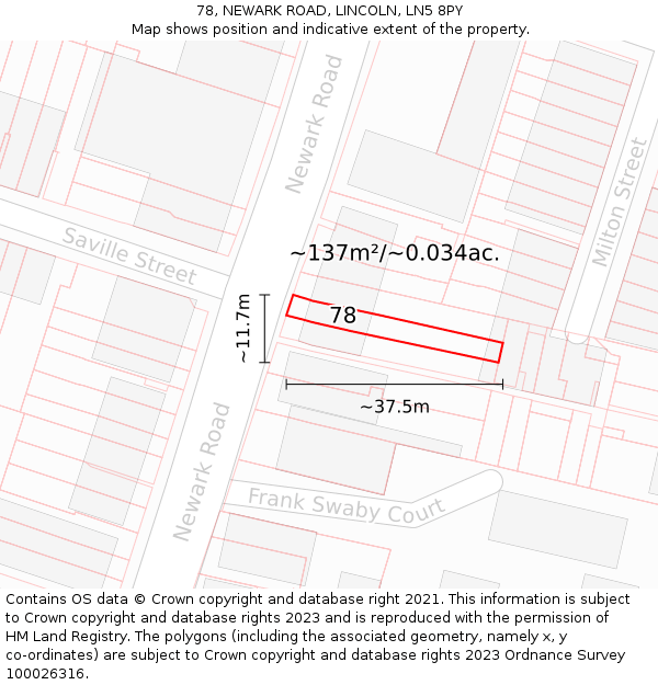 78, NEWARK ROAD, LINCOLN, LN5 8PY: Plot and title map
