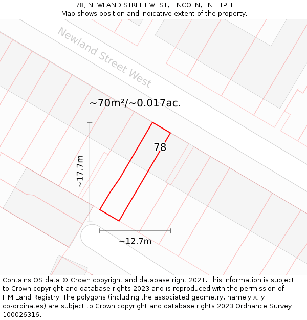 78, NEWLAND STREET WEST, LINCOLN, LN1 1PH: Plot and title map