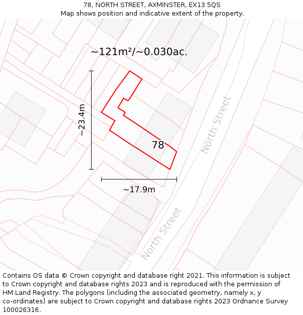 78, NORTH STREET, AXMINSTER, EX13 5QS: Plot and title map