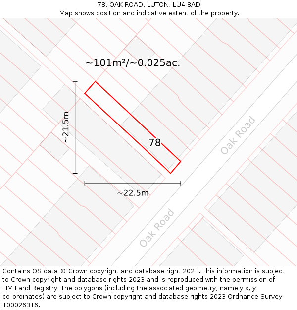 78, OAK ROAD, LUTON, LU4 8AD: Plot and title map