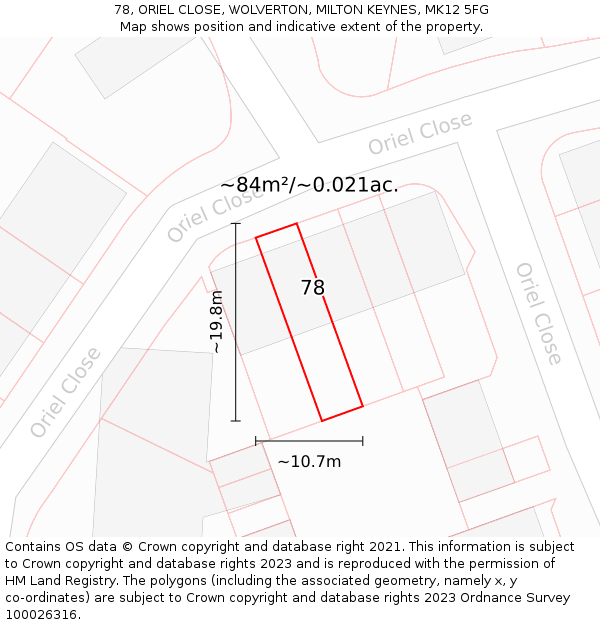 78, ORIEL CLOSE, WOLVERTON, MILTON KEYNES, MK12 5FG: Plot and title map