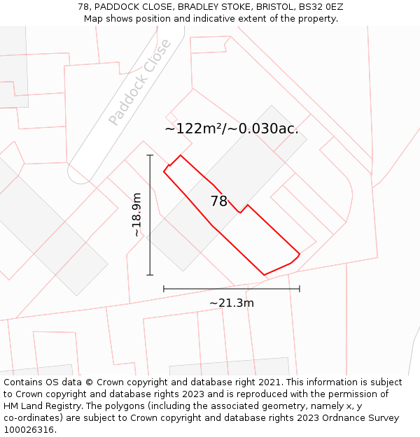 78, PADDOCK CLOSE, BRADLEY STOKE, BRISTOL, BS32 0EZ: Plot and title map