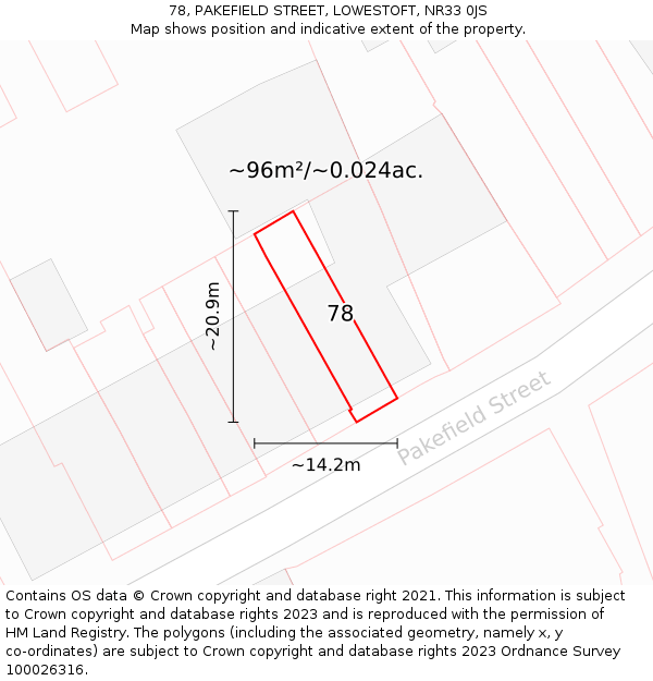 78, PAKEFIELD STREET, LOWESTOFT, NR33 0JS: Plot and title map