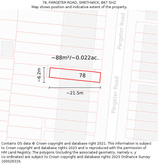78, PARGETER ROAD, SMETHWICK, B67 5HZ: Plot and title map