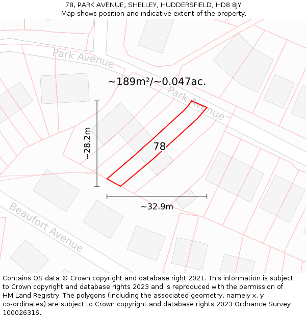 78, PARK AVENUE, SHELLEY, HUDDERSFIELD, HD8 8JY: Plot and title map
