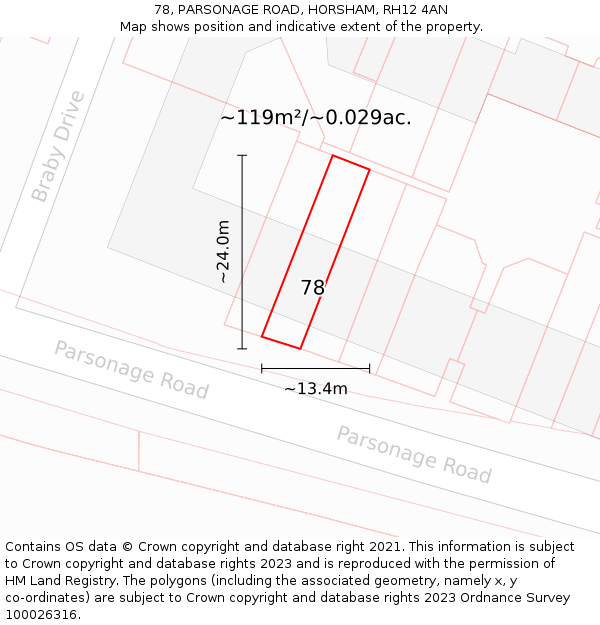 78, PARSONAGE ROAD, HORSHAM, RH12 4AN: Plot and title map