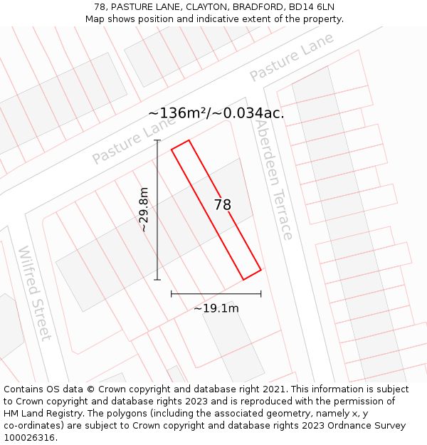 78, PASTURE LANE, CLAYTON, BRADFORD, BD14 6LN: Plot and title map