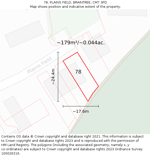 78, PLAINS FIELD, BRAINTREE, CM7 3PD: Plot and title map