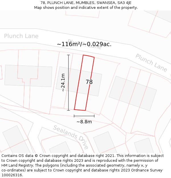 78, PLUNCH LANE, MUMBLES, SWANSEA, SA3 4JE: Plot and title map