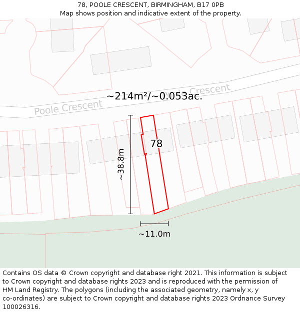 78, POOLE CRESCENT, BIRMINGHAM, B17 0PB: Plot and title map