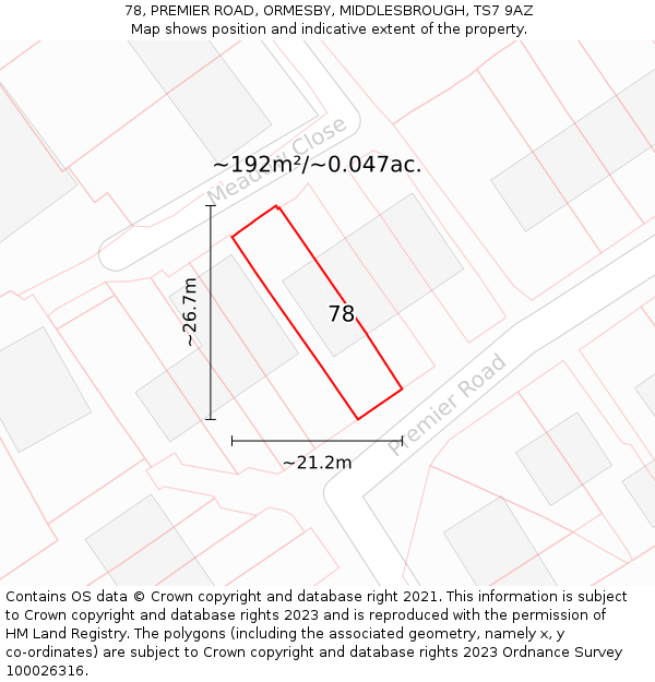 78, PREMIER ROAD, ORMESBY, MIDDLESBROUGH, TS7 9AZ: Plot and title map