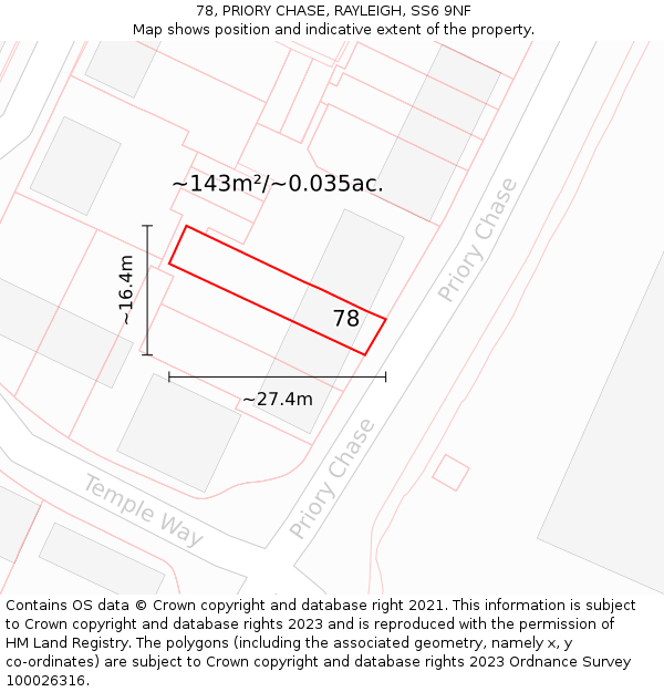 78, PRIORY CHASE, RAYLEIGH, SS6 9NF: Plot and title map