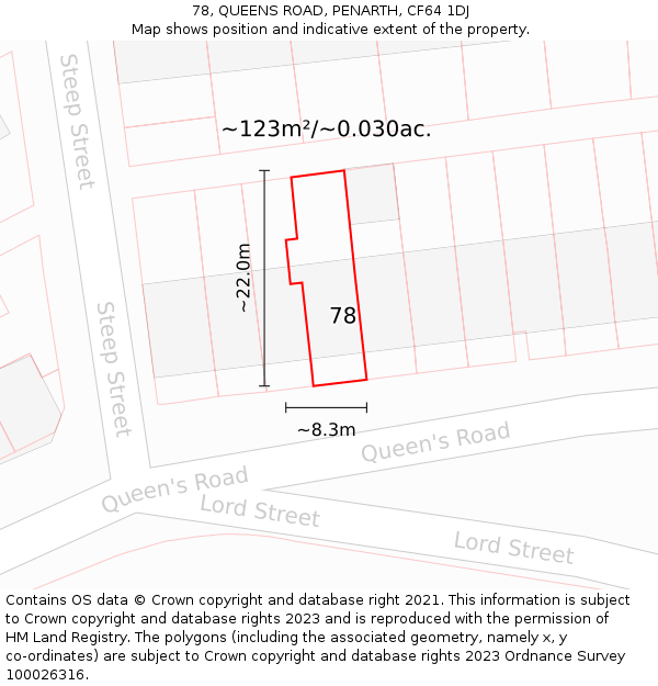 78, QUEENS ROAD, PENARTH, CF64 1DJ: Plot and title map