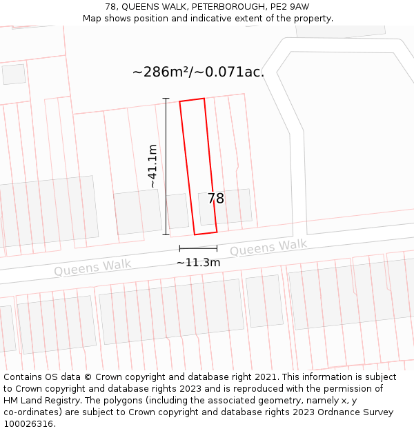 78, QUEENS WALK, PETERBOROUGH, PE2 9AW: Plot and title map