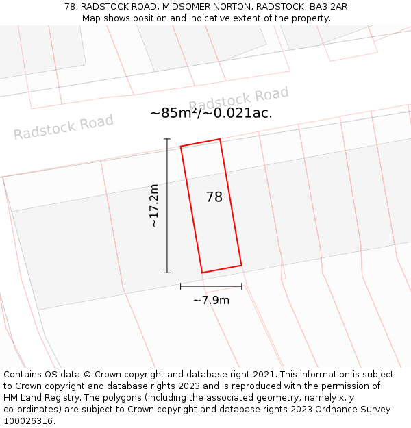 78, RADSTOCK ROAD, MIDSOMER NORTON, RADSTOCK, BA3 2AR: Plot and title map