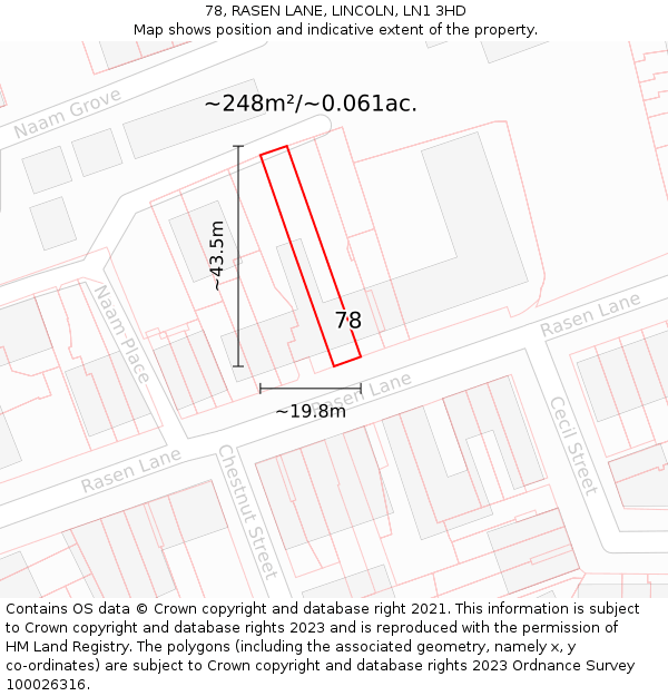 78, RASEN LANE, LINCOLN, LN1 3HD: Plot and title map
